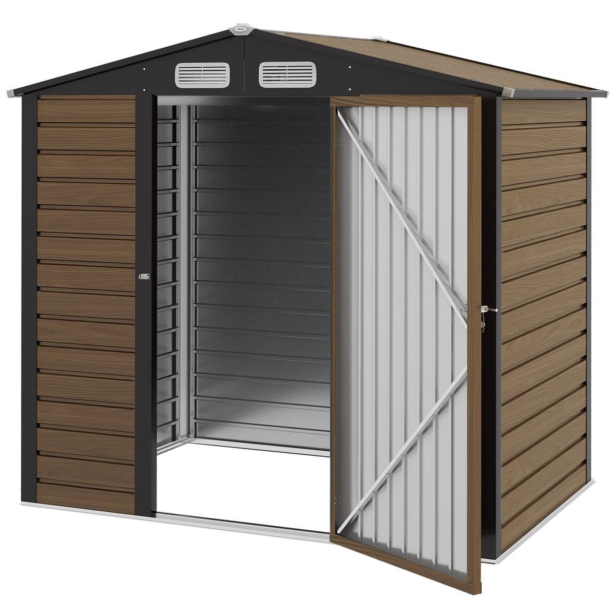 Outsunny 6.2 x 4.3ft Galvanised Steel Garden Shed with Vents & Sloped Roof – Outdoor Tool Storage, Oak