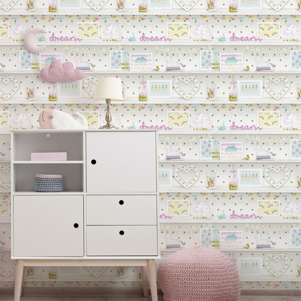 Arthouse Girl's Life Wallpaper with Hearts, Rainbows & Flamingos – Glitter Gel Bedroom Feature Wall, Multi