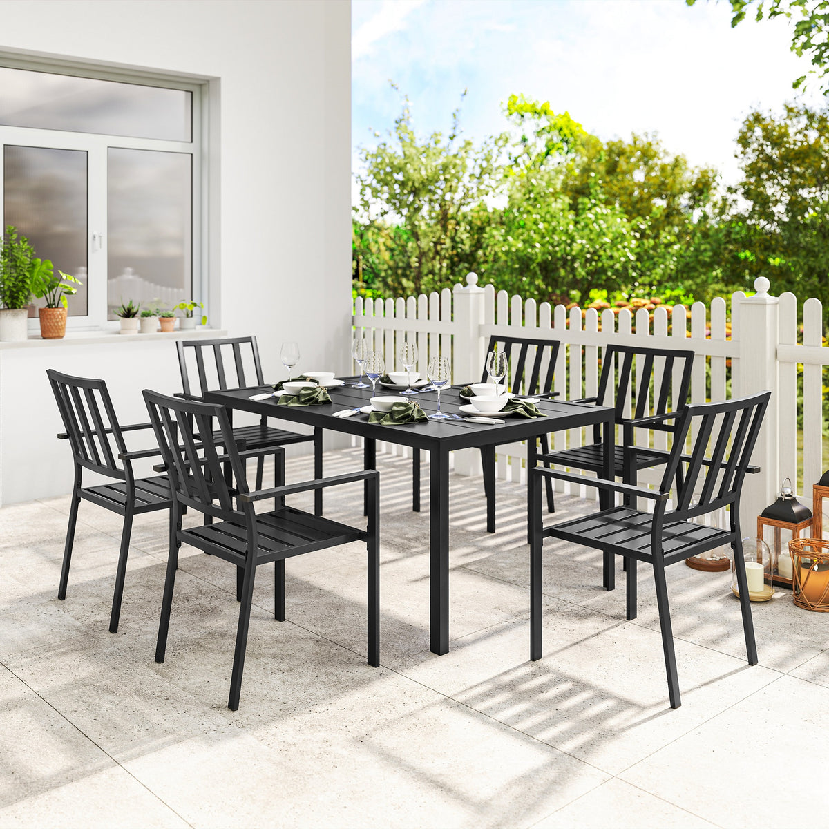 Outsunny 7-Piece Garden Dining Set with 6 Stackable Armchairs & Metal Table – Umbrella Hole, Black