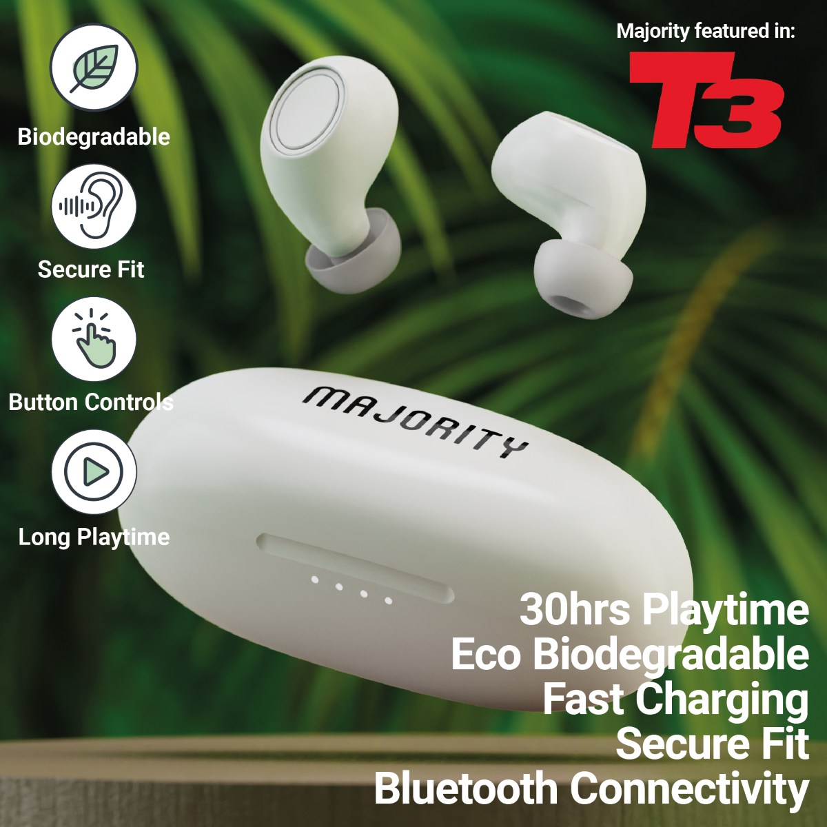 Majority Tru Bio True Wireless Earbuds with Touch Controls & Fast Charging – Eco-Friendly, Clear White