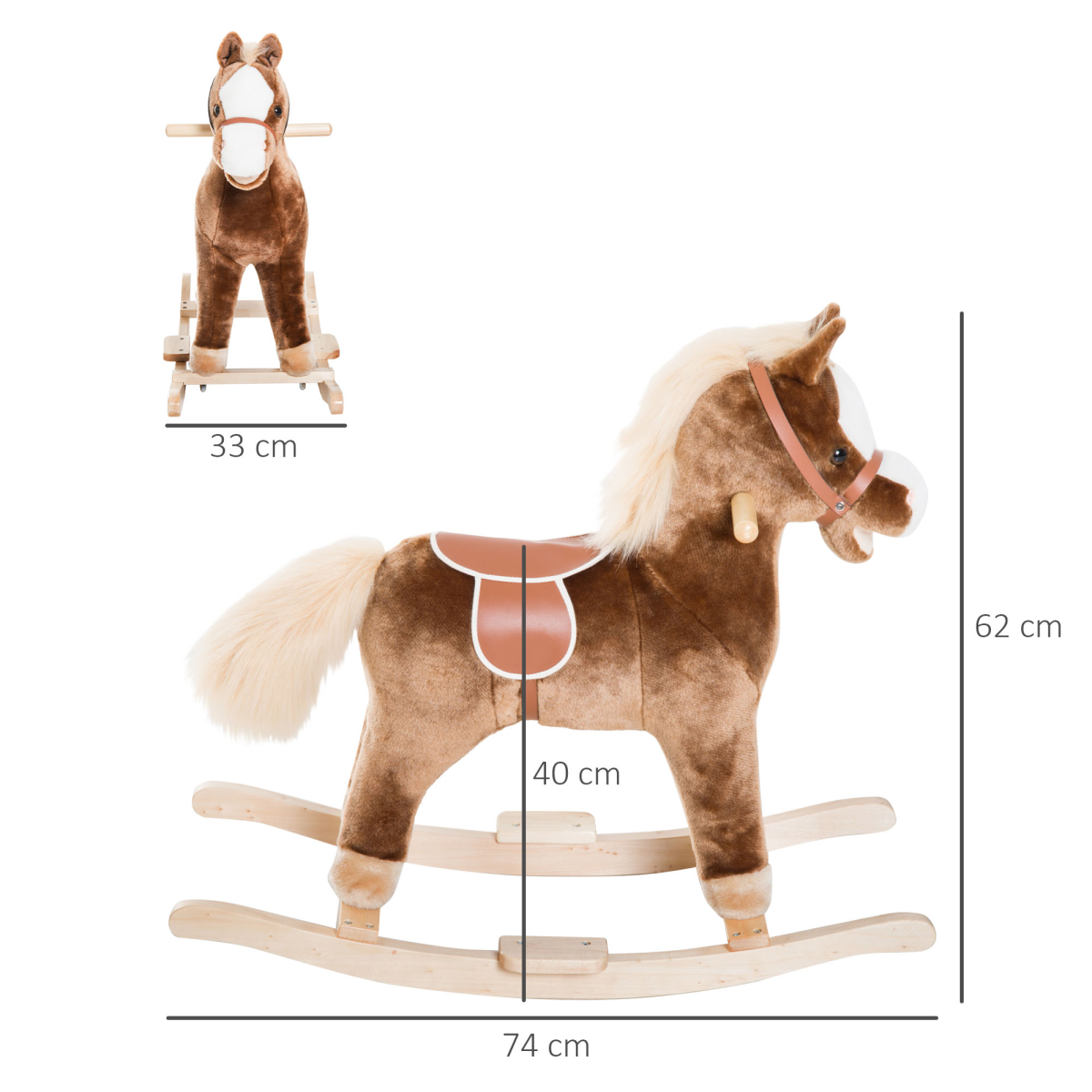 HOMCOM Kids Plush Rocking Horse with Wooden Base and Metal Frame – Ride-On Rocker Toy, Birthday Gift