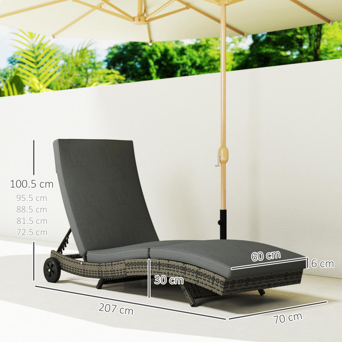 Outsunny Rattan Sun Lounger with 5-Level Reclining Back & Wheels – Outdoor Garden Recliner, Dark Grey