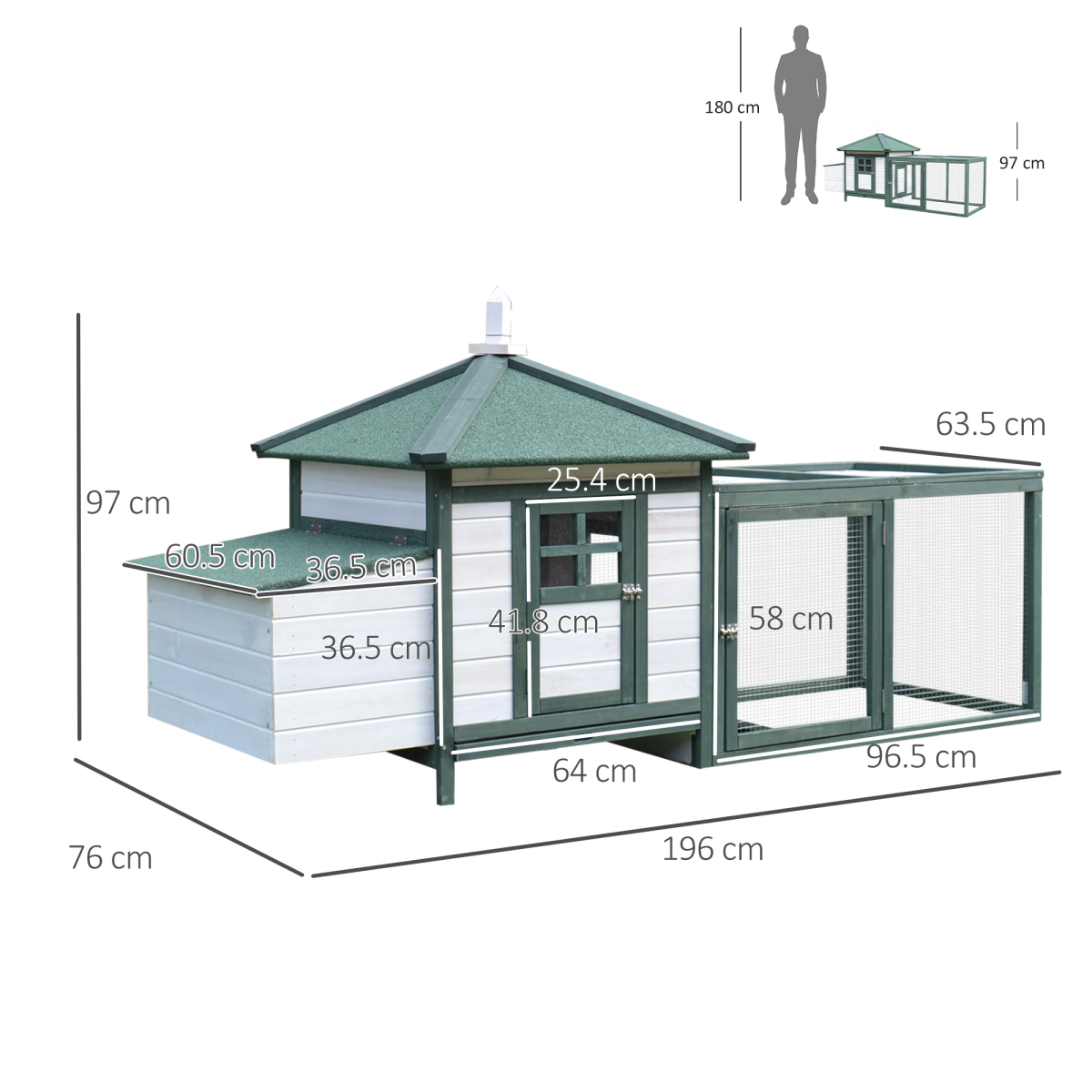 PawHut Wooden Chicken Coop with Nesting Box, Outdoor Run & Removable Tray – Elevated Poultry House, Green