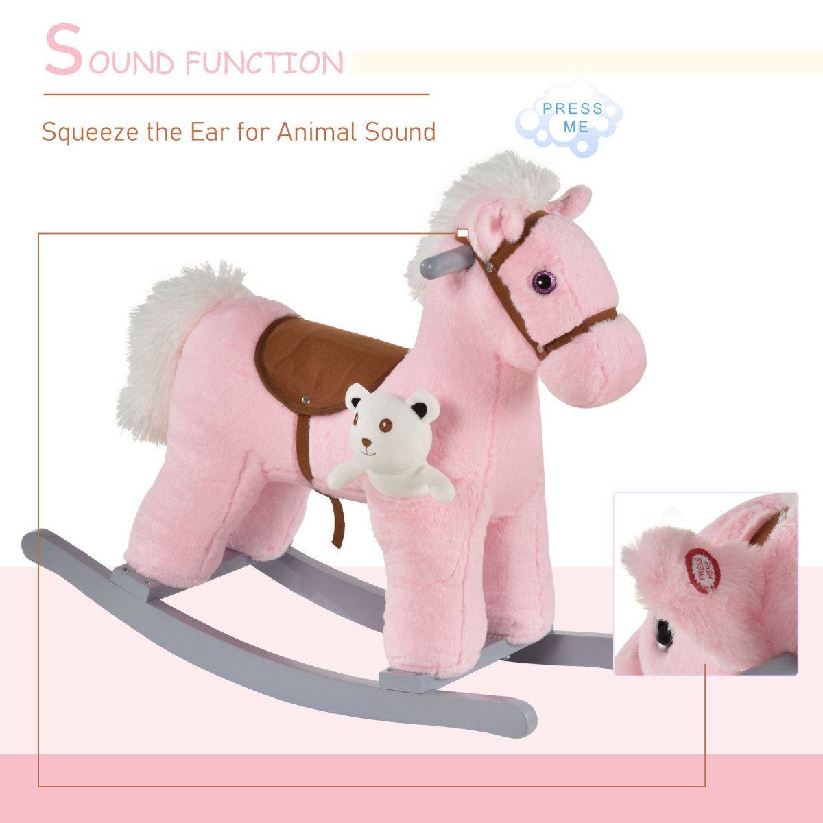 Kids Plush Rocking Horse with Padded Seat & Animal Sounds – Ride-On Toy for Toddlers 3+ Years, Pink