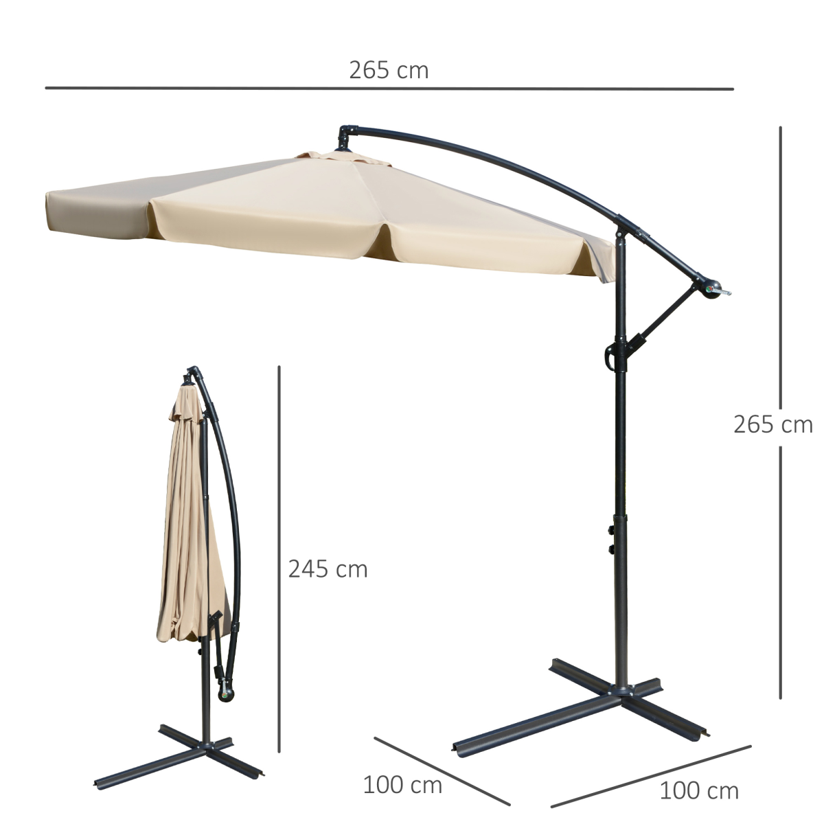 Outsunny 2.7m Cantilever Banana Parasol with Crank Handle, Vented Canopy & Cross Base – Sun Shade, Light Brown
