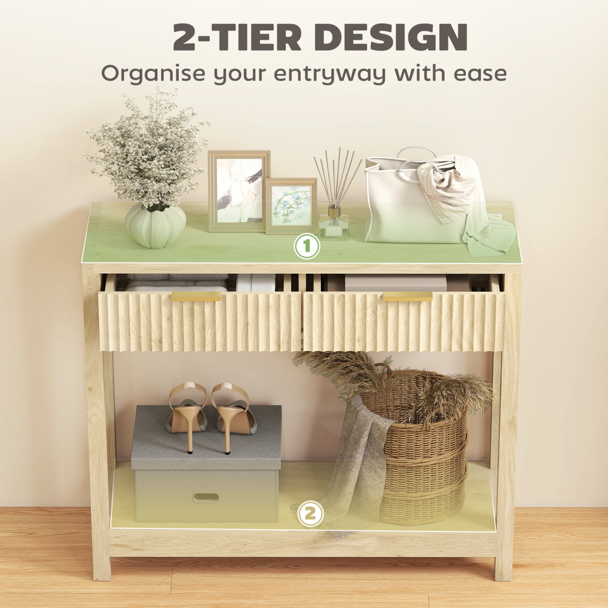 HOMCOM Narrow Console Table with 2 Fluted Drawers & Open Shelf – Slim Hallway Table, Natural