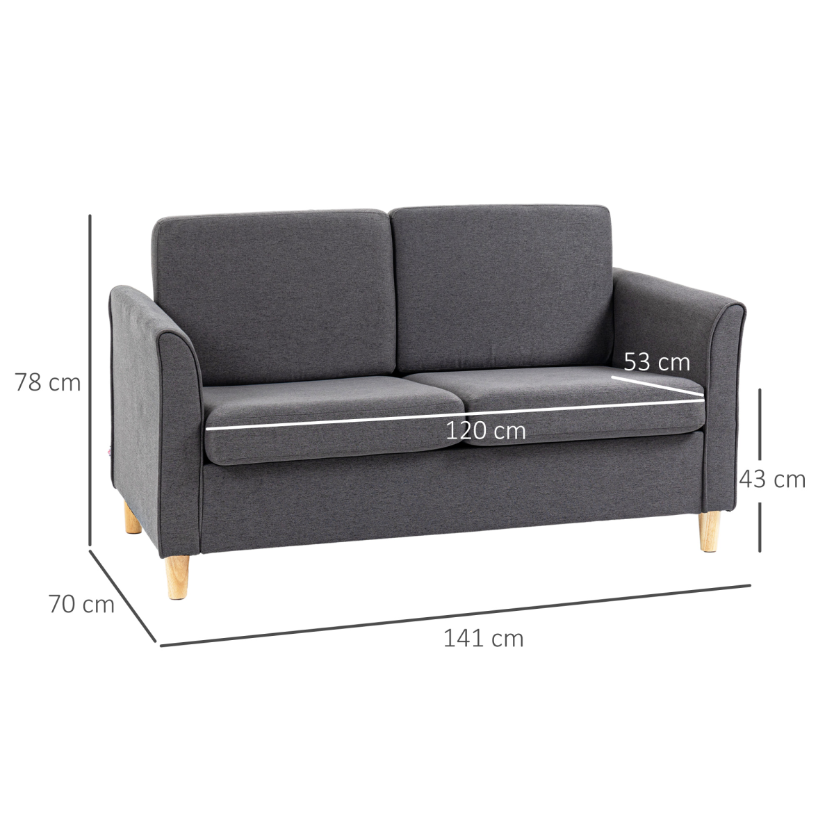 HOMCOM Linen 2 Seater Loveseat Sofa with Padded Armrests – Compact Sofa for Flats & Small Rooms, Dark Grey
