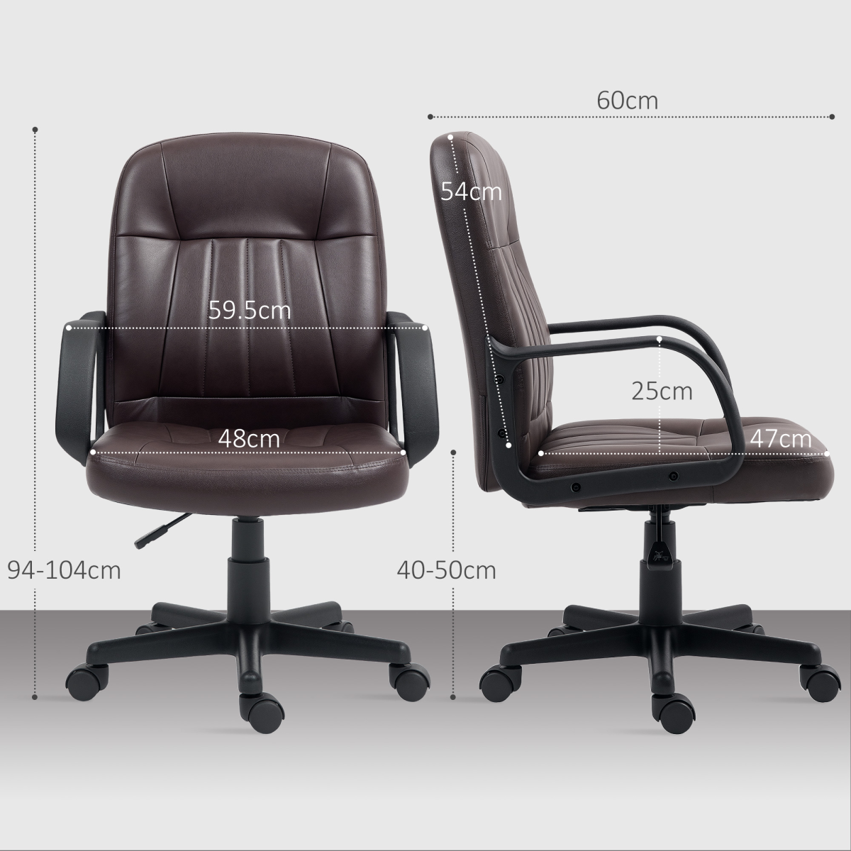 HOMCOM PU Leather Mid-Back Swivel Office Chair with 360° Swivel & Five Castors – Home Office Desk Chair, Dark Brown