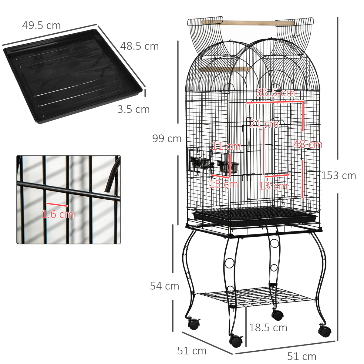 PawHut Large Bird Cage with Stand, Perch and Feeding Bowl – Metal Aviary for Parrots, Macaws and Cockatiels, Black