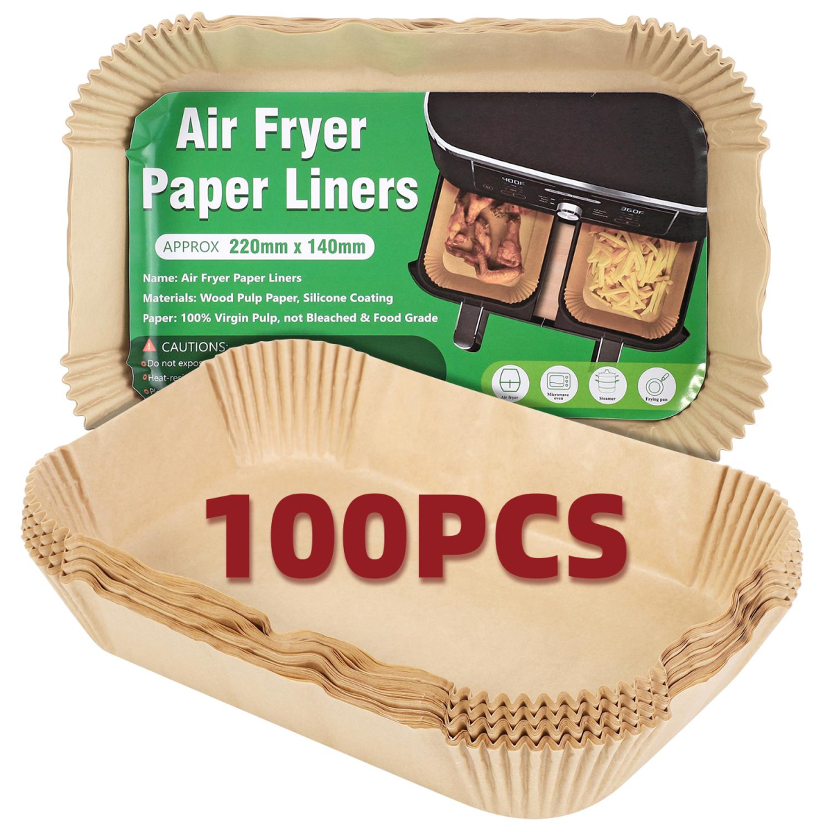 Vinsani 100-Piece Silicone-Coated Air Fryer Paper Liners – Non-Stick Greaseproof Disposable Liners, 21.8 x 14cm