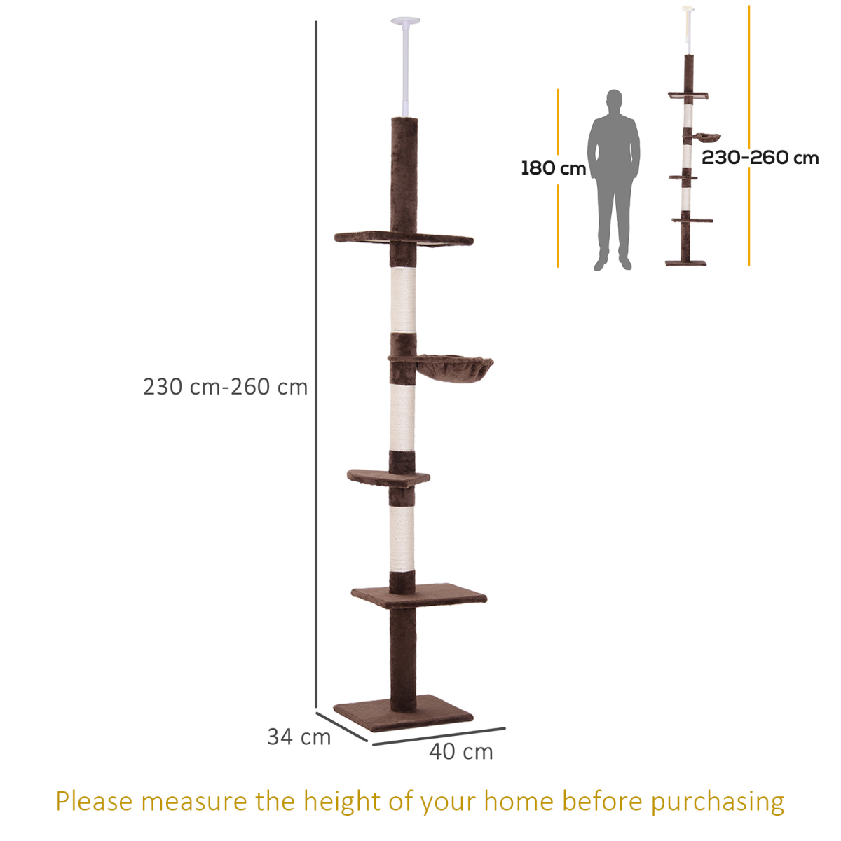 PawHut Floor to Ceiling Cat Tree with 5 Tiers & Scratching Post – Adjustable 230-260cm Kitty Tower, Brown