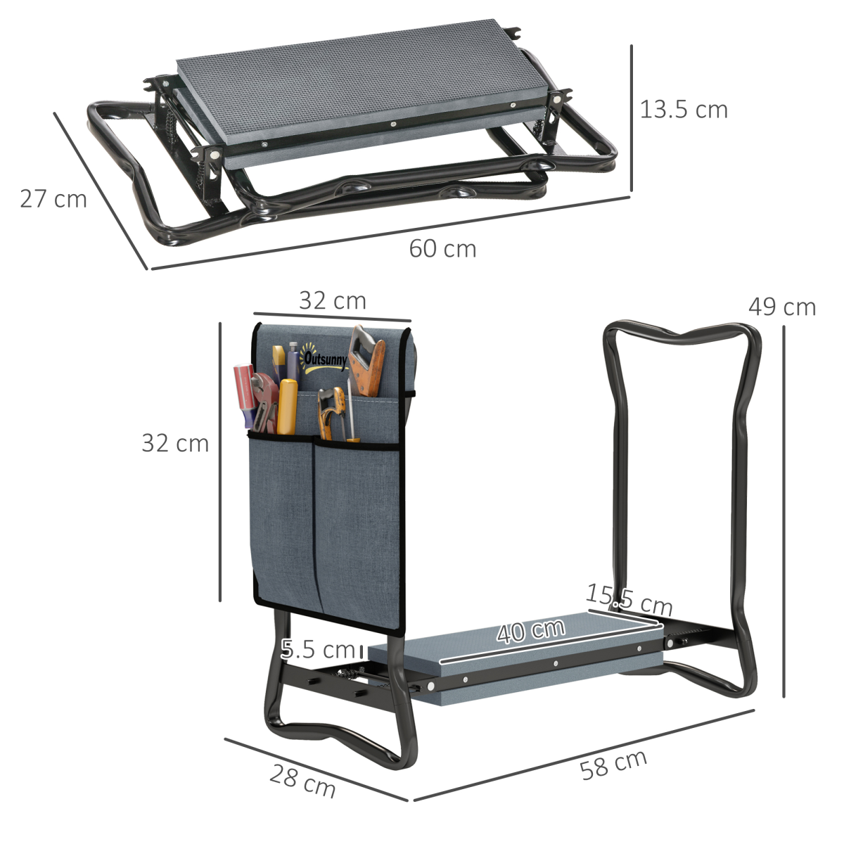 Outsunny Foldable Garden Kneeler and Seat with EVA Foam Pad & Removable Tool Bag – Steel Frame, Grey and Black