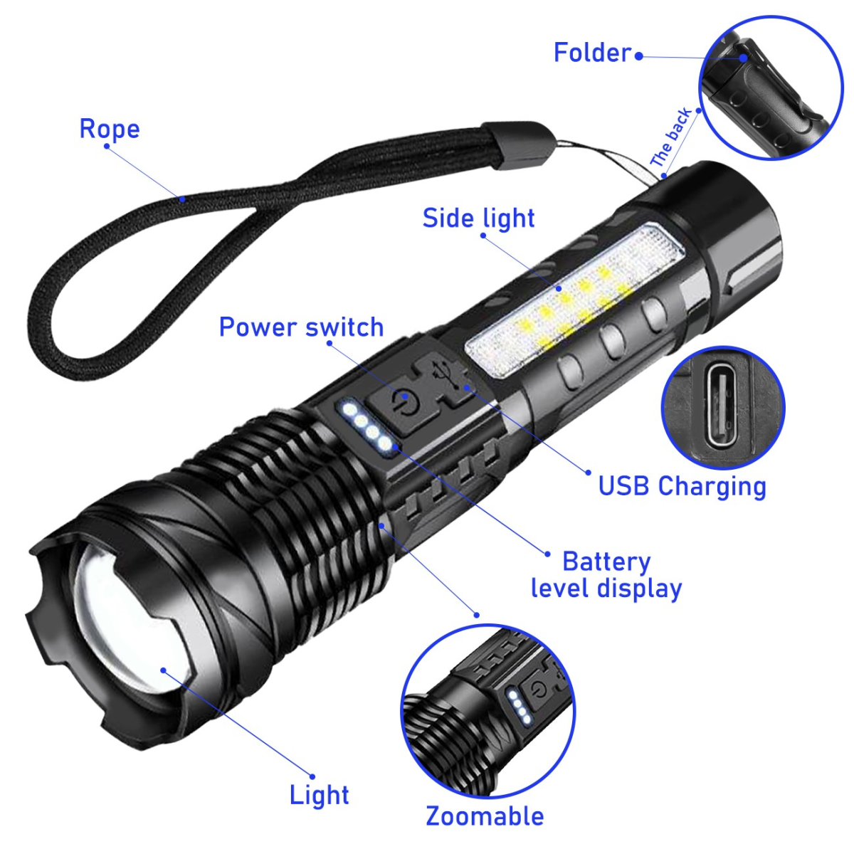 USB Rechargeable LED Flashlight with Adjustable Zoom and 7 Modes – Type-C Camping, Hiking and Work Torch