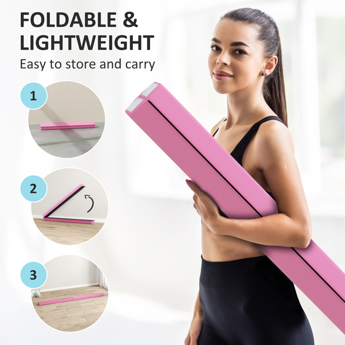 SPORTNOW 7.7FT Folding Gymnastics Balance Beam with EVA Foam Core and Anti-Slip Base – Training Beam, Pink