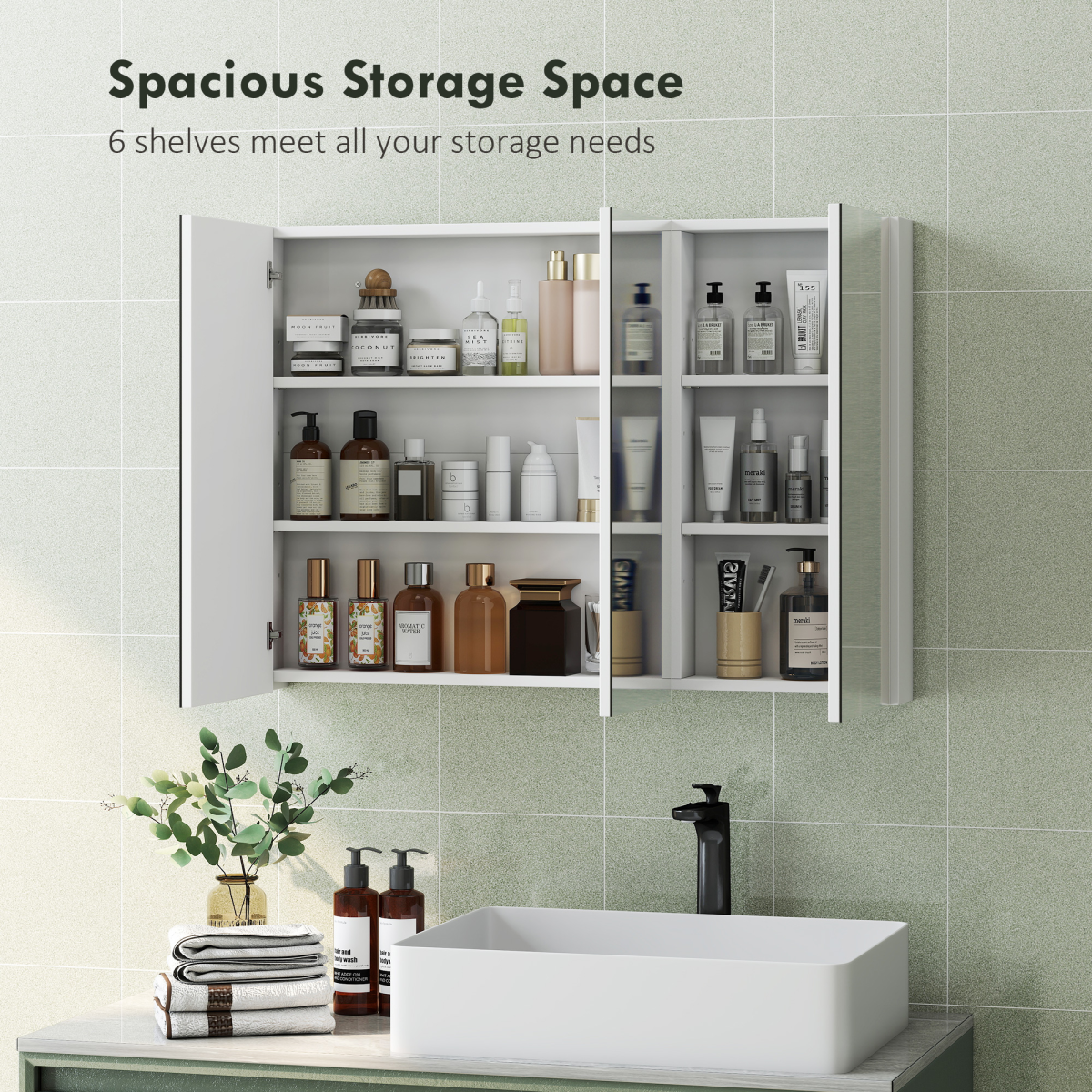 HOMCOM Wall-Mounted Bathroom Mirror Cabinet with 3 Mirrored Doors & 4 Adjustable Shelves – Storage, White