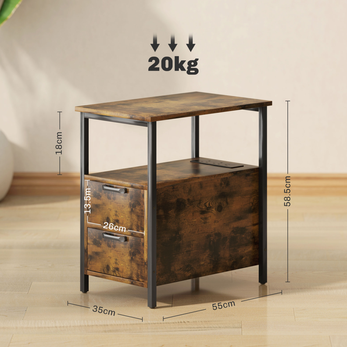 HOMCOM Bedside Table with Charging Station, 2 Drawers and Open Shelf – Nightstand or Side Table, Rustic Brown