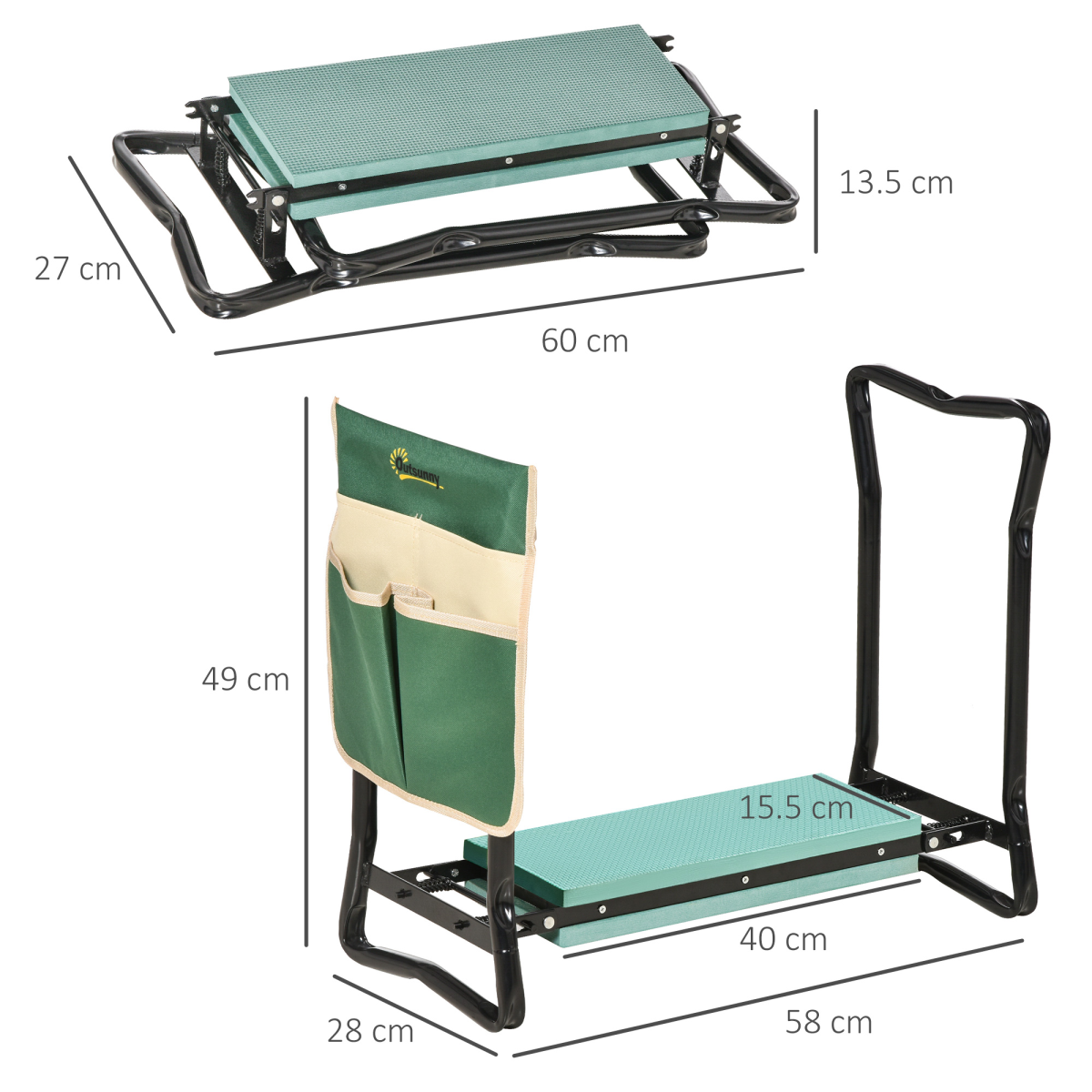 Outsunny Steel Frame Garden Kneeler and Seat with Tool Pouch & Foam Pad – Foldable, Green