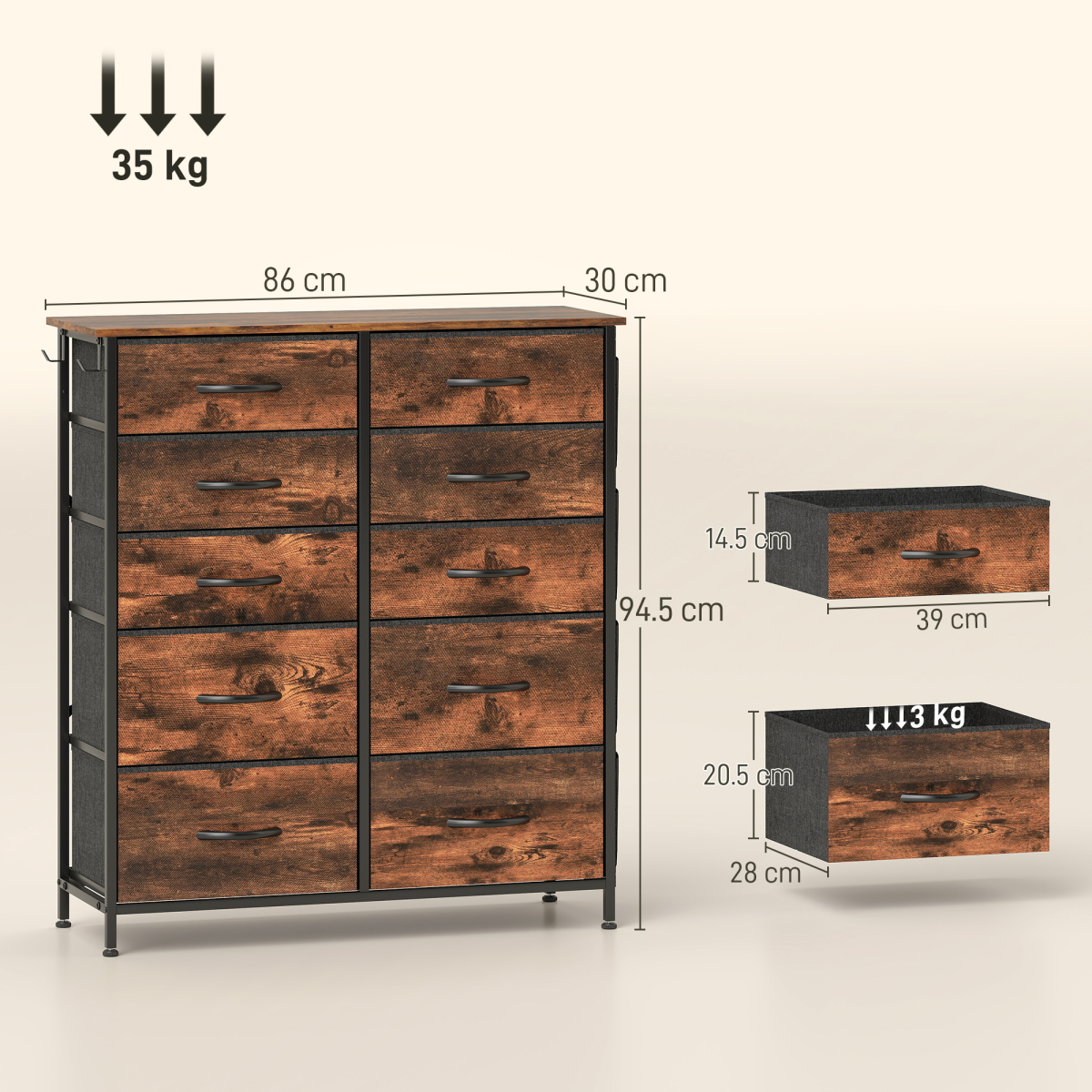 Fabric Chest of Drawers with 10 Drawers, Side Pockets & Hooks – Steel Frame Storage Unit, Rustic Brown and Black