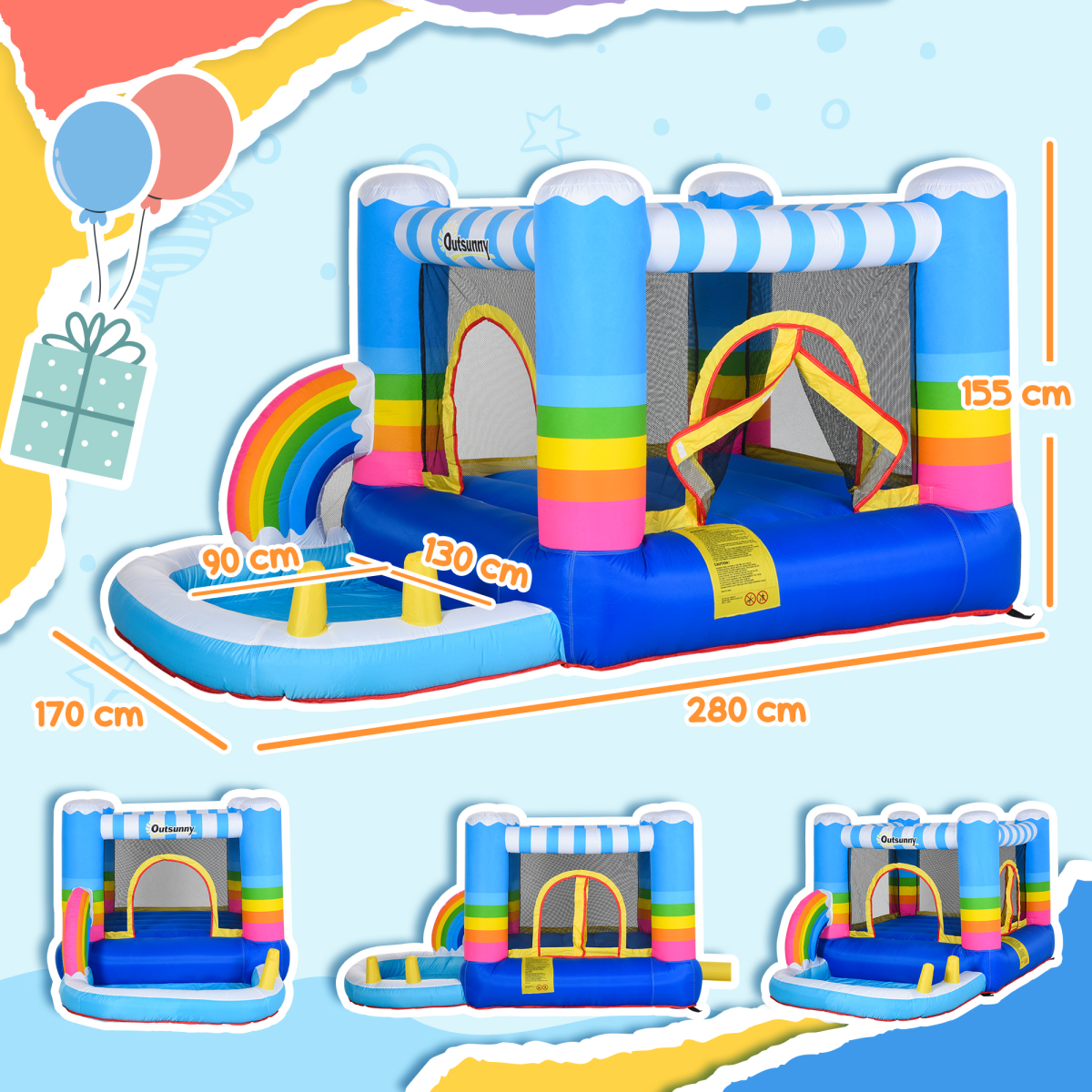 Kids Inflatable Bouncy Castle with Pool, Trampoline, Safety Net & Blower – Outdoor Rainbow Play for Ages 3-8