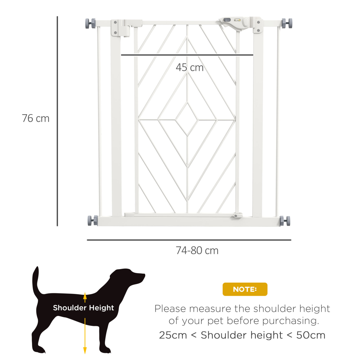 PawHut Pressure Fit Safety Gate with Auto Closing Door & Double Lock – Dog Gate for 74-80cm Openings, White