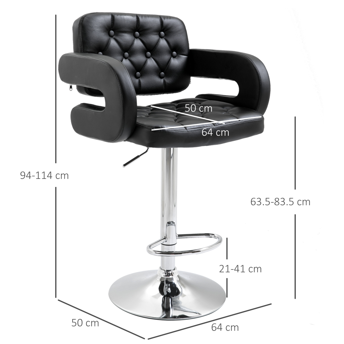 HOMCOM Adjustable Height Swivel Bar Stool with High Back, Arms and Footrest – Tufted PU Leather Kitchen Counter Chair
