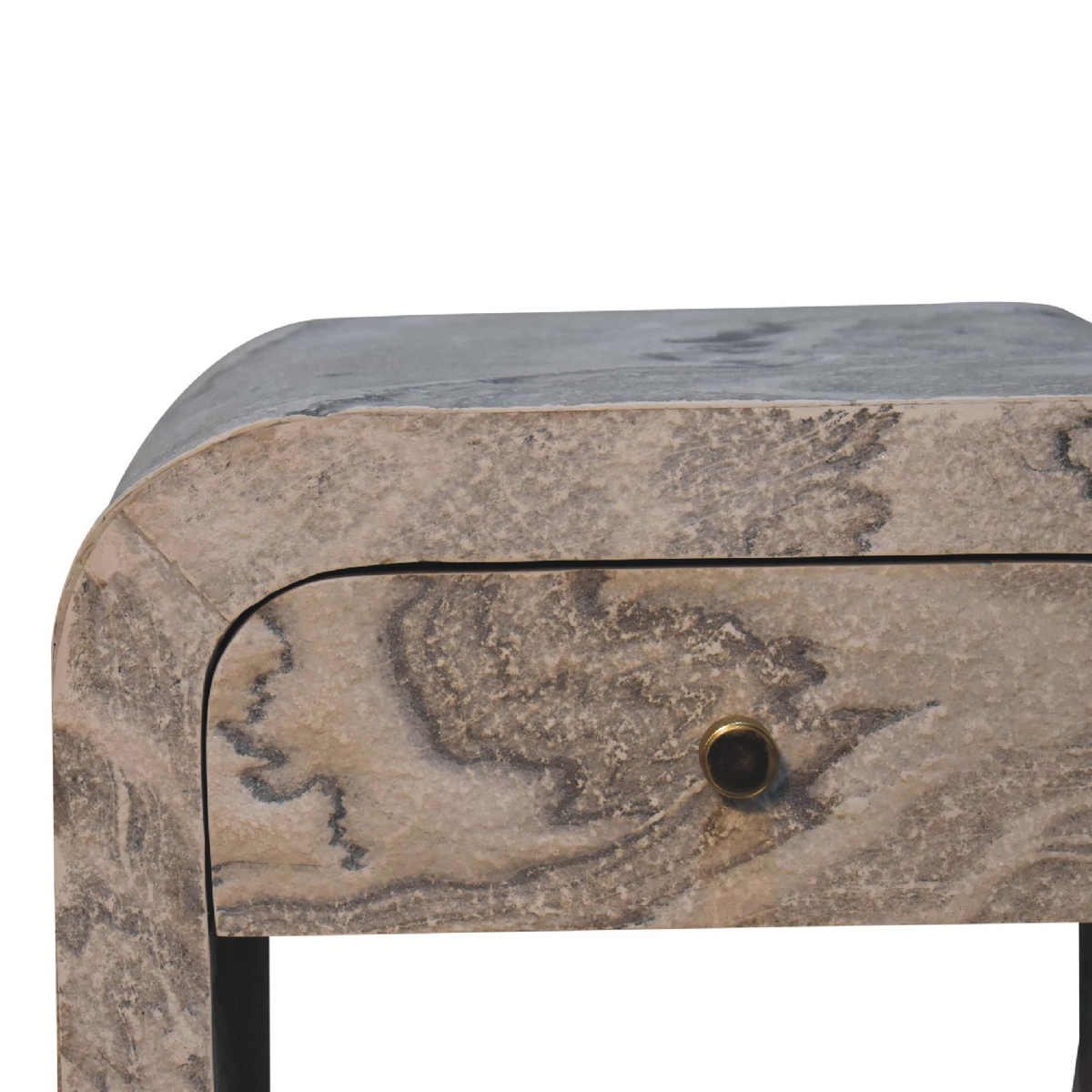 Artisan Furniture Solid Wood Nouveau Bedside Table, 1 Drawer & Brass Knob – Marble Effect, Beige