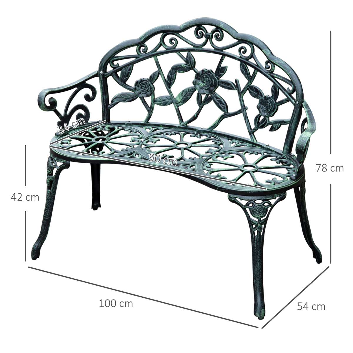Outsunny Cast Aluminium Garden Bench with Rose Pattern & Curved Seat – Antique Verdigris Patio Chair
