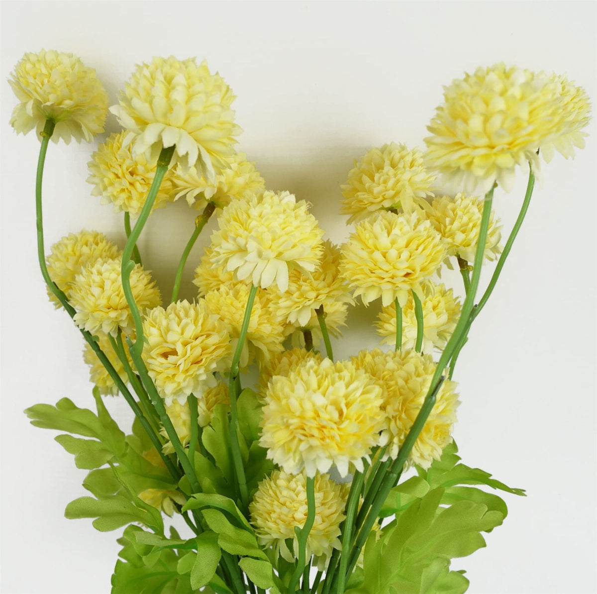 Leaf Dahlia Pompom Artificial Flower Stem with Five Blooms and Wired Stem – 50cm Home Decor, Yellow