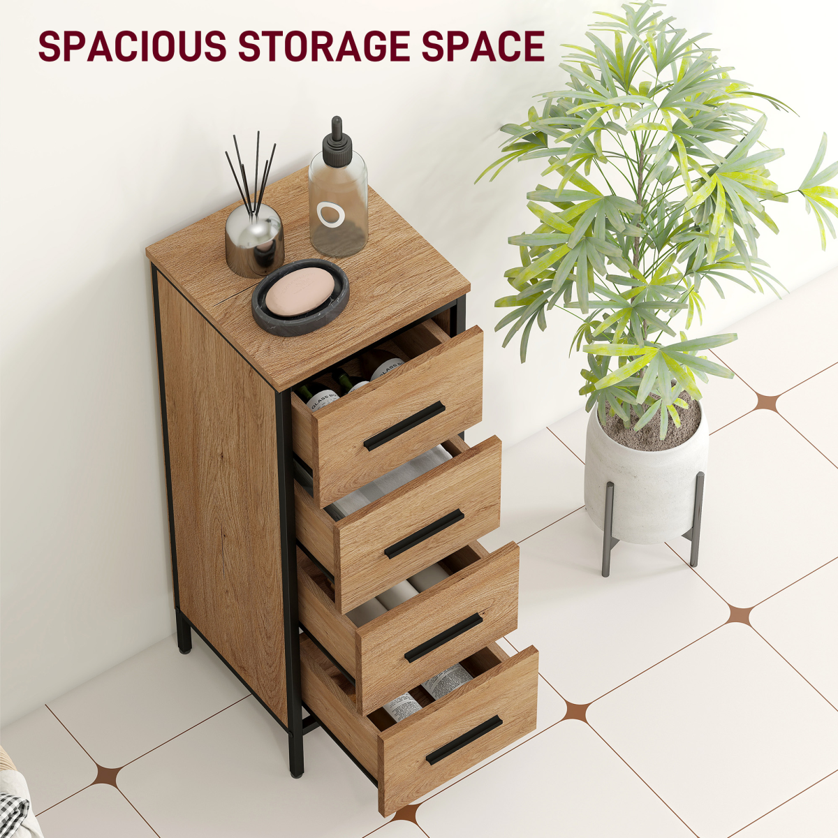 HOMCOM Narrow Bathroom Storage Cabinet with 4 Drawers – Industrial Style Space-Saving Unit, Oak