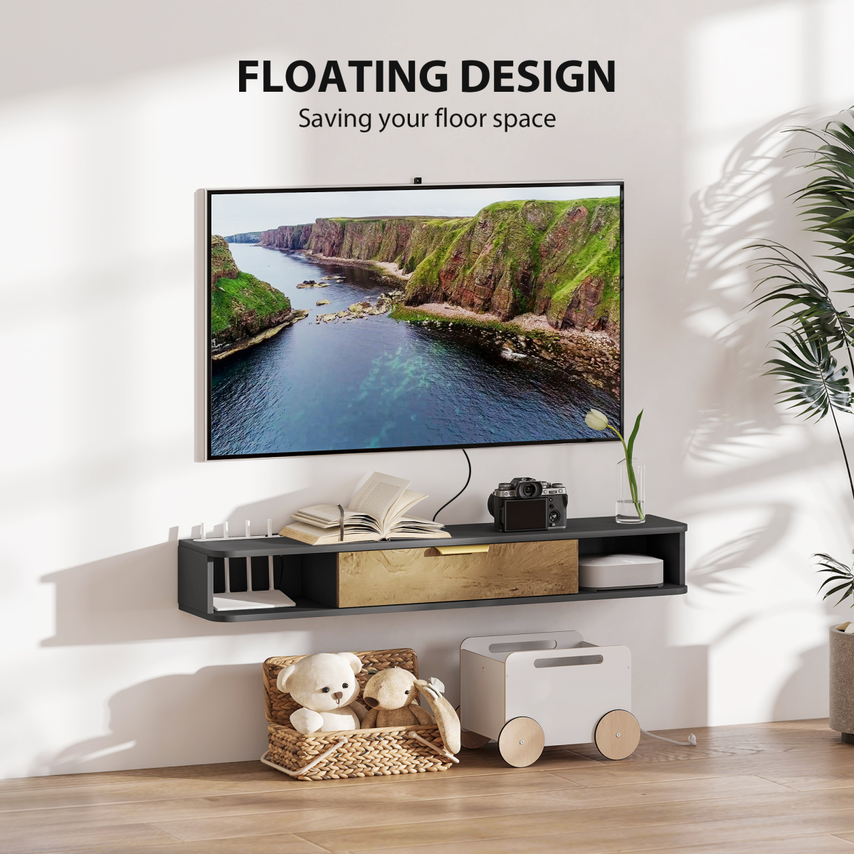 HOMCOM 120cm Floating TV Unit with Two Open Compartments – Wall-Mounted Media Console, Grey