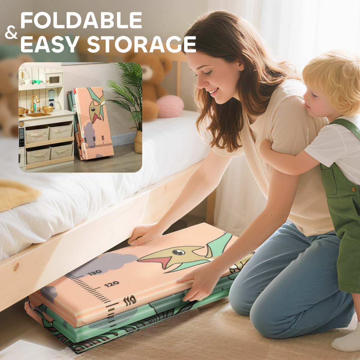 Foldable Baby Play Mat – Reversible Dinosaur Foam Crawling Mat, 177 x 146 cm