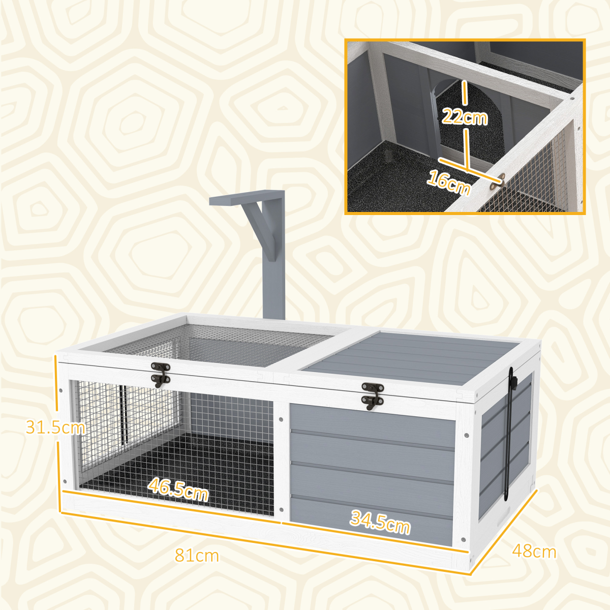 PawHut Tortoise Enclosure with Run, Lamp Holder, Pull-Out Trays & Hideaway – Wooden House, White and Light Grey