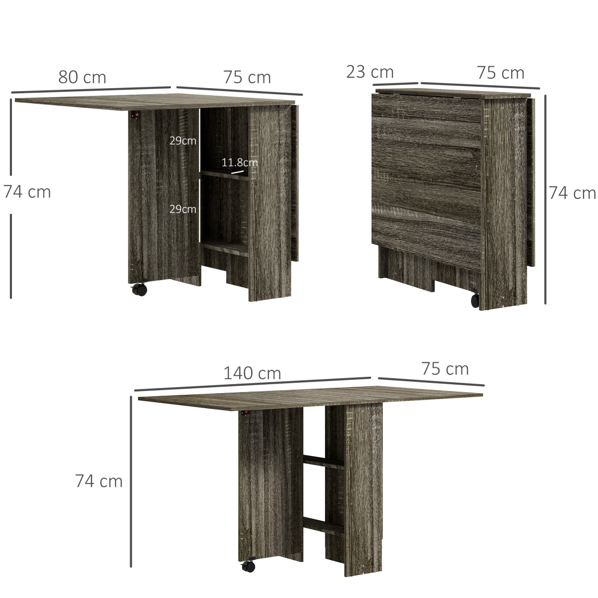 HOMCOM Mobile Drop Leaf Dining Table with 2 Storage Shelves and Brake Wheels – Space-Saving Folding Desk, Grey