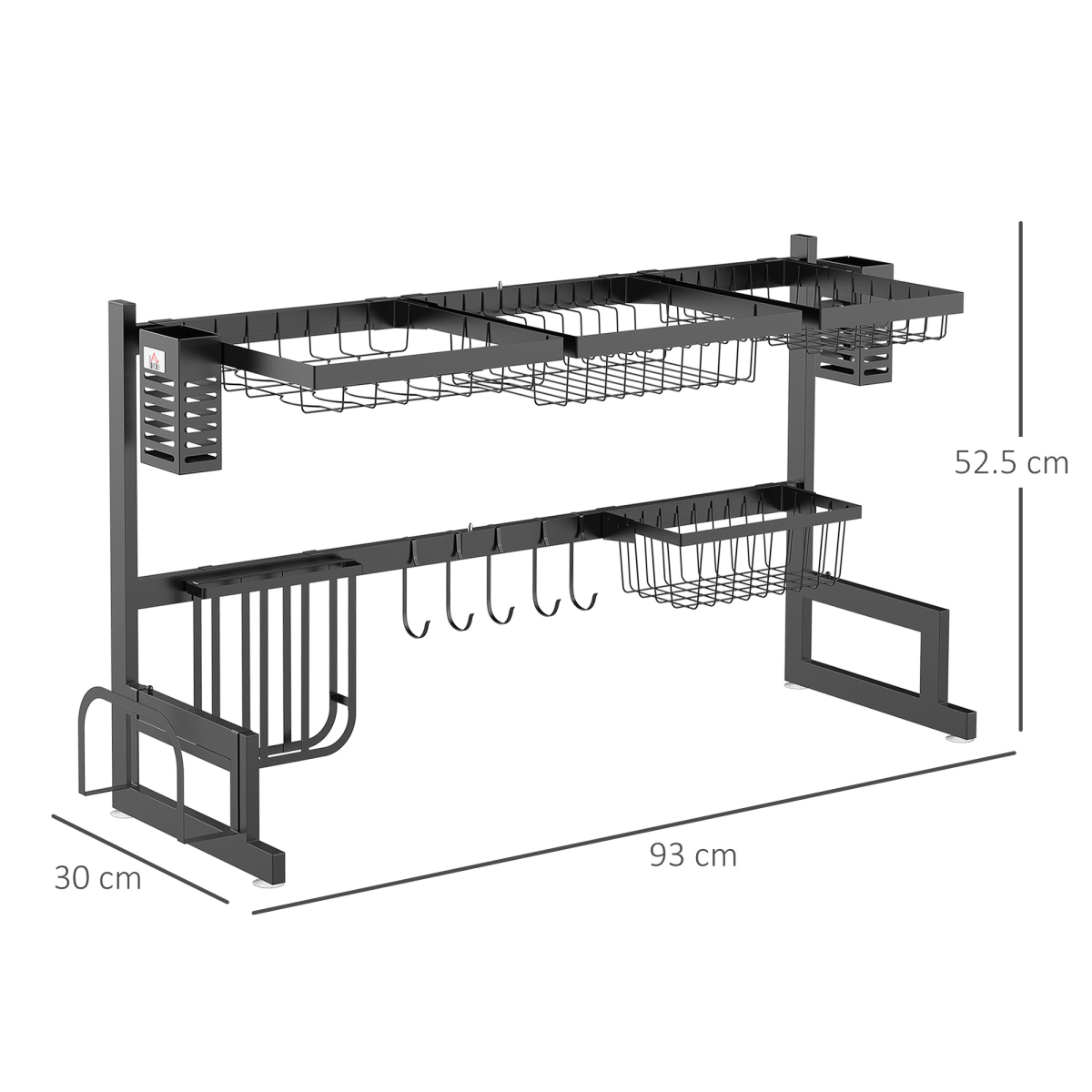 HOMCOM Over The Sink Dish Drainer Rack with Utensil Holders, Knife Holder & Hooks – 2-Tier Steel Rack, Black
