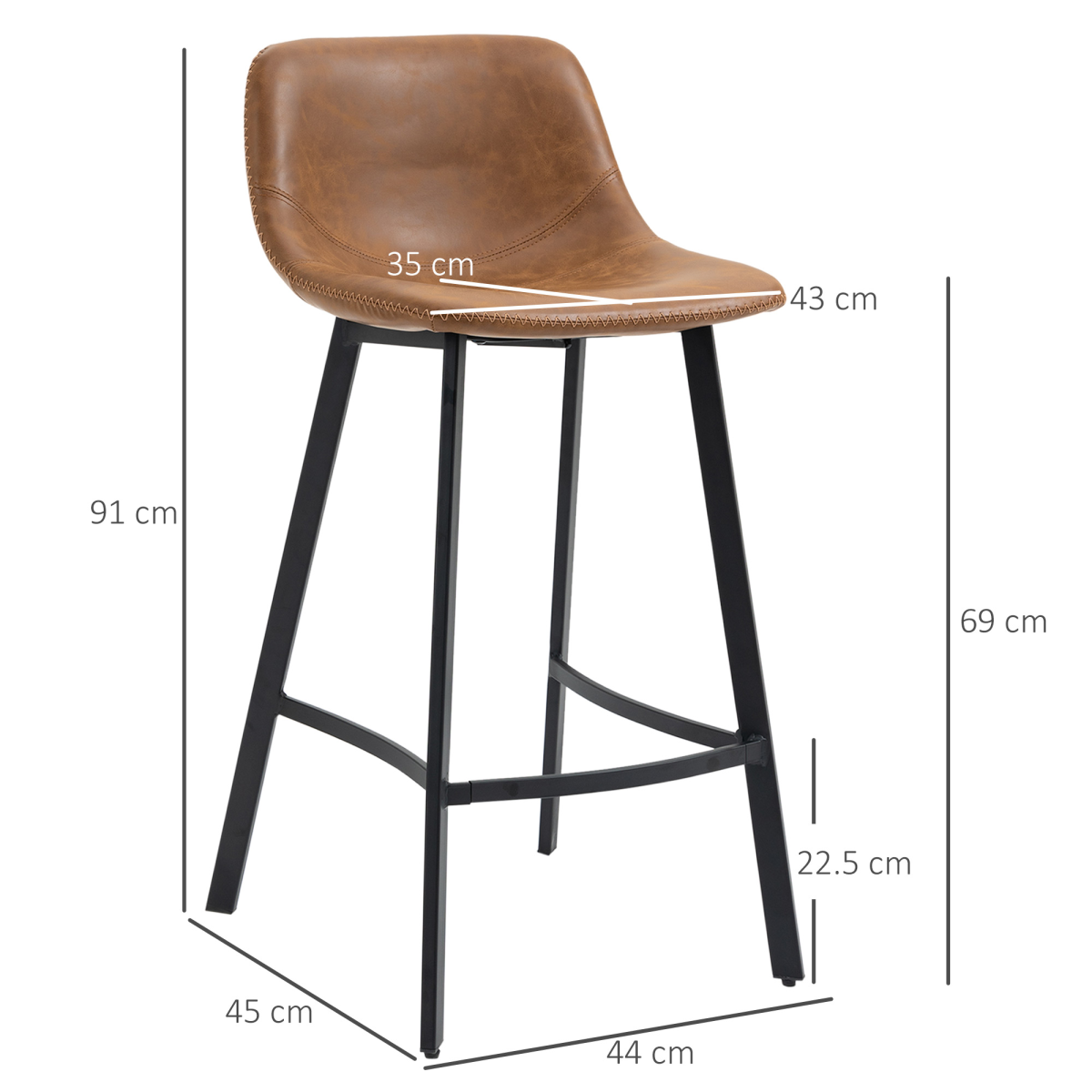 HOMCOM Set of 2 Industrial Bar Stools with Steel Legs & Footrest – Kitchen & Home Bar Seating, Brown