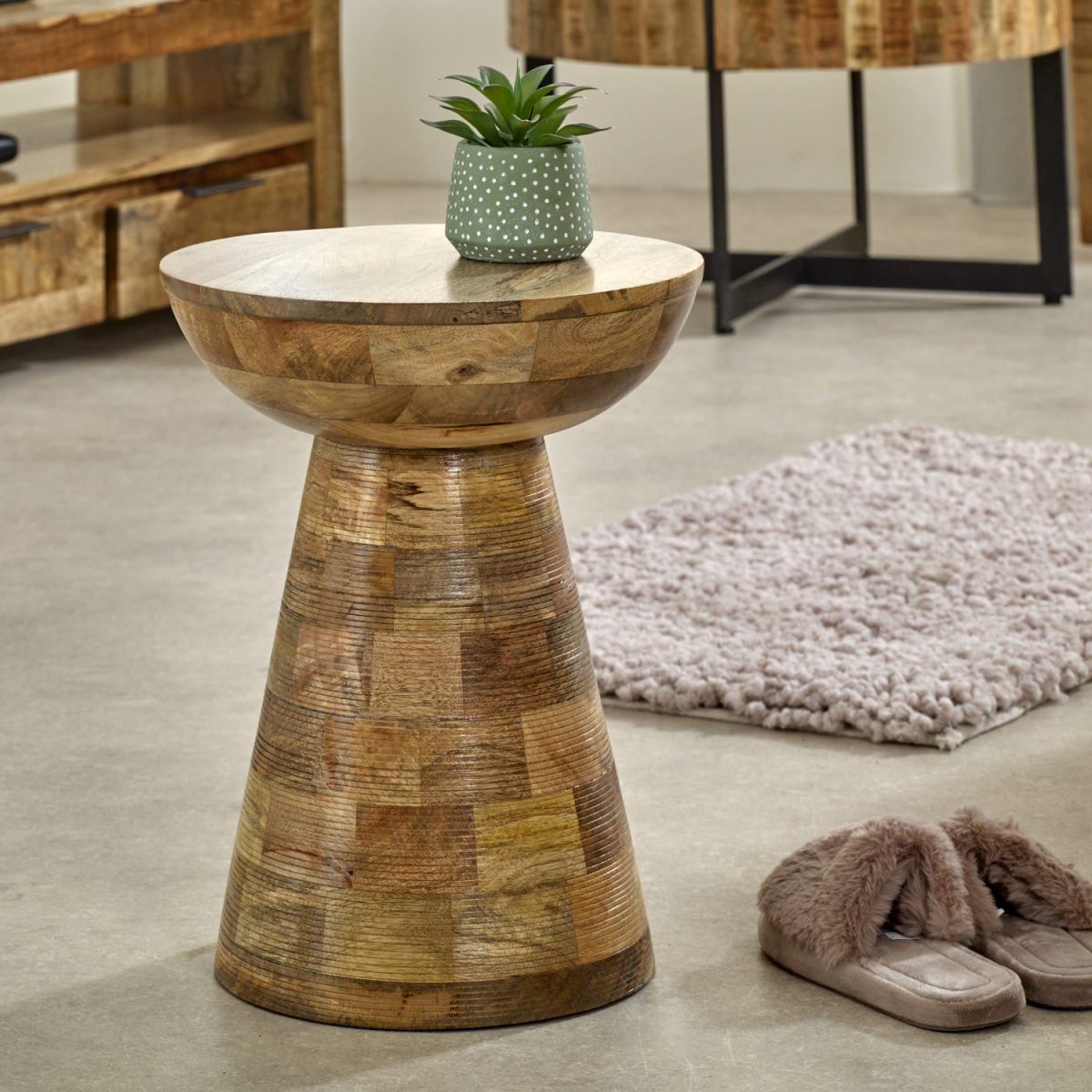 Indian Hub Surrey Solid Mango Wood Round Side Table – Handmade Mushroom Style, Fully Assembled