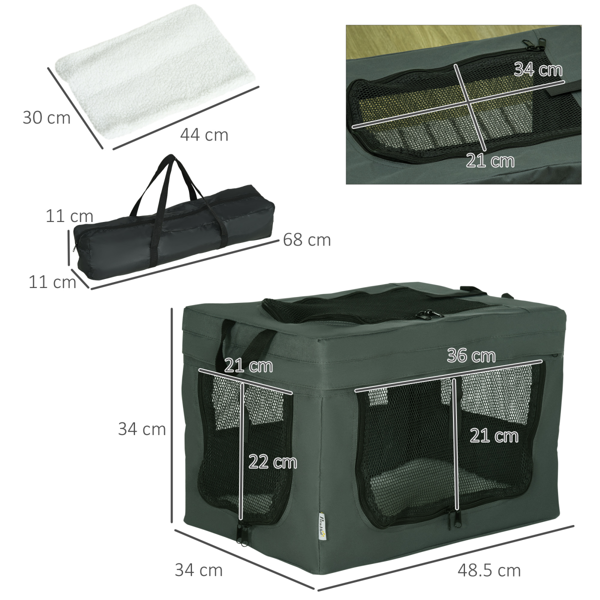 PawHut Foldable Pet Carrier with Cushion & Three Doors – Cat Bag for Miniature Dogs and Cats, Grey