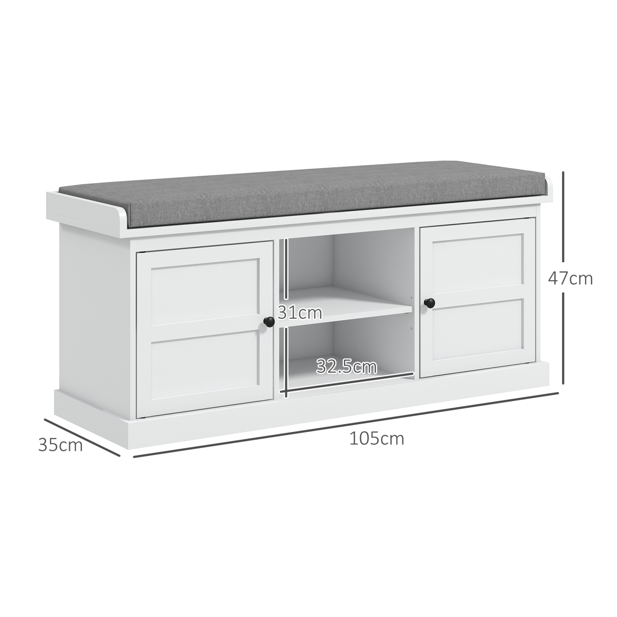 HOMCOM Shoe Storage Bench with Padded Cushion & 2 Cabinets – Hallway Seat, White