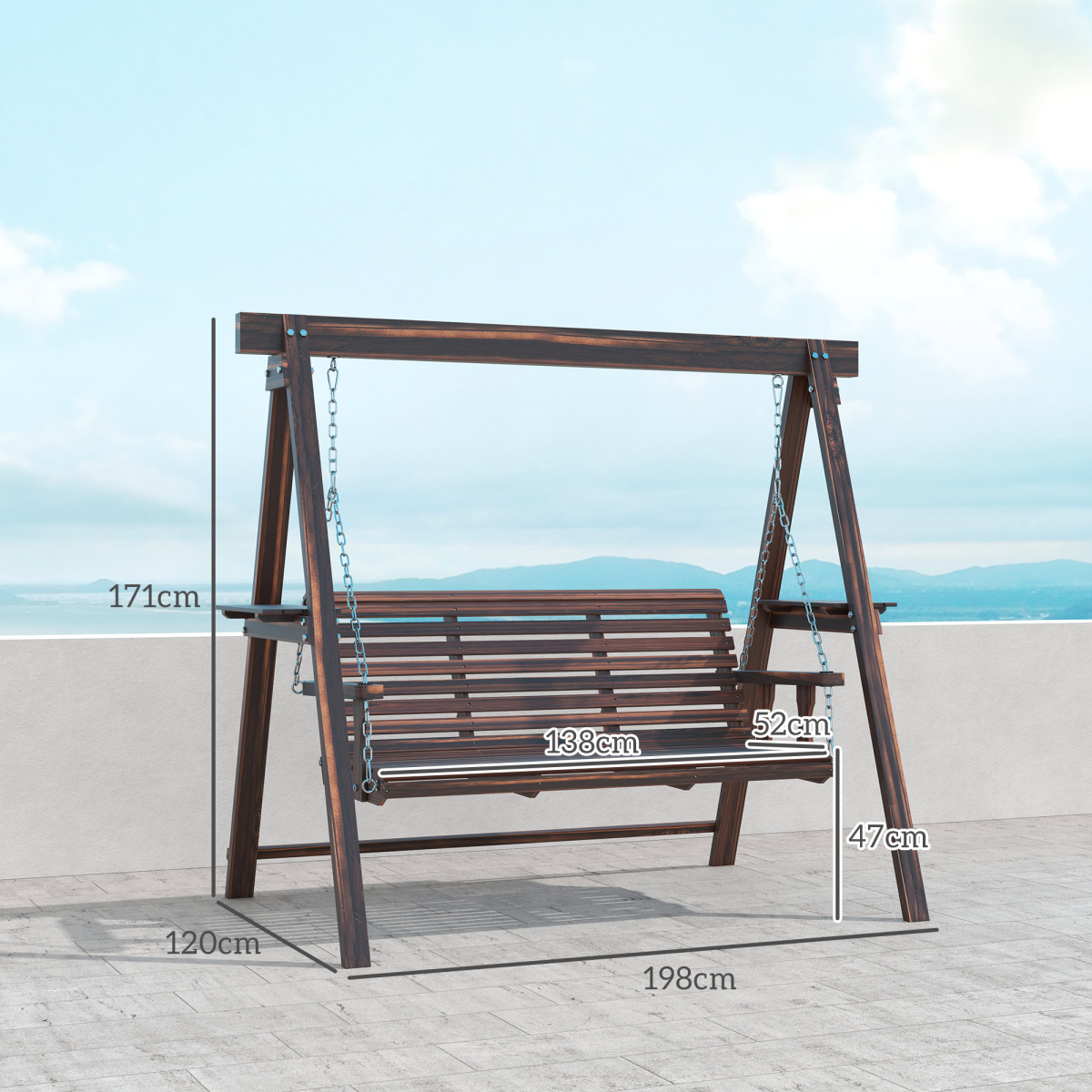 Outsunny 3-Seater Wooden Garden Swing Chair with Side Tables, Adjustable Chains and Cushion – Fir Wood