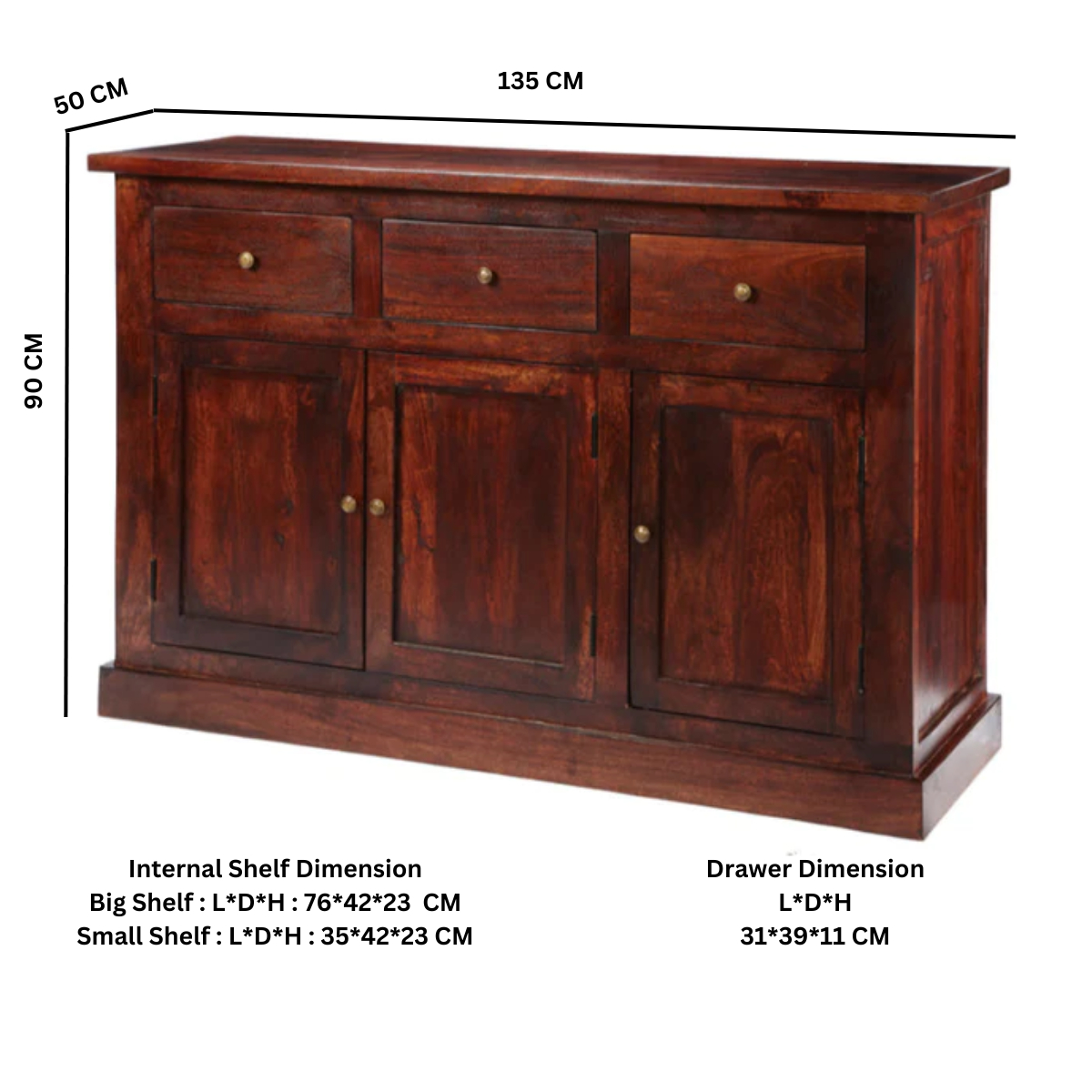 Jaipur Dark Mango Wood Large Sideboard with Brass Handles – Handmade Storage for Dining & Living Rooms