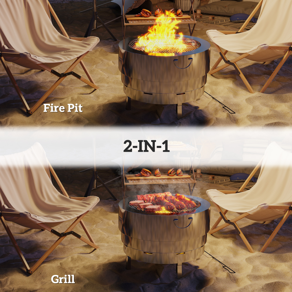 Outsunny Round Stainless Steel Fire Pit with Grill Net and Poker – Portable Garden Firepit, Silver