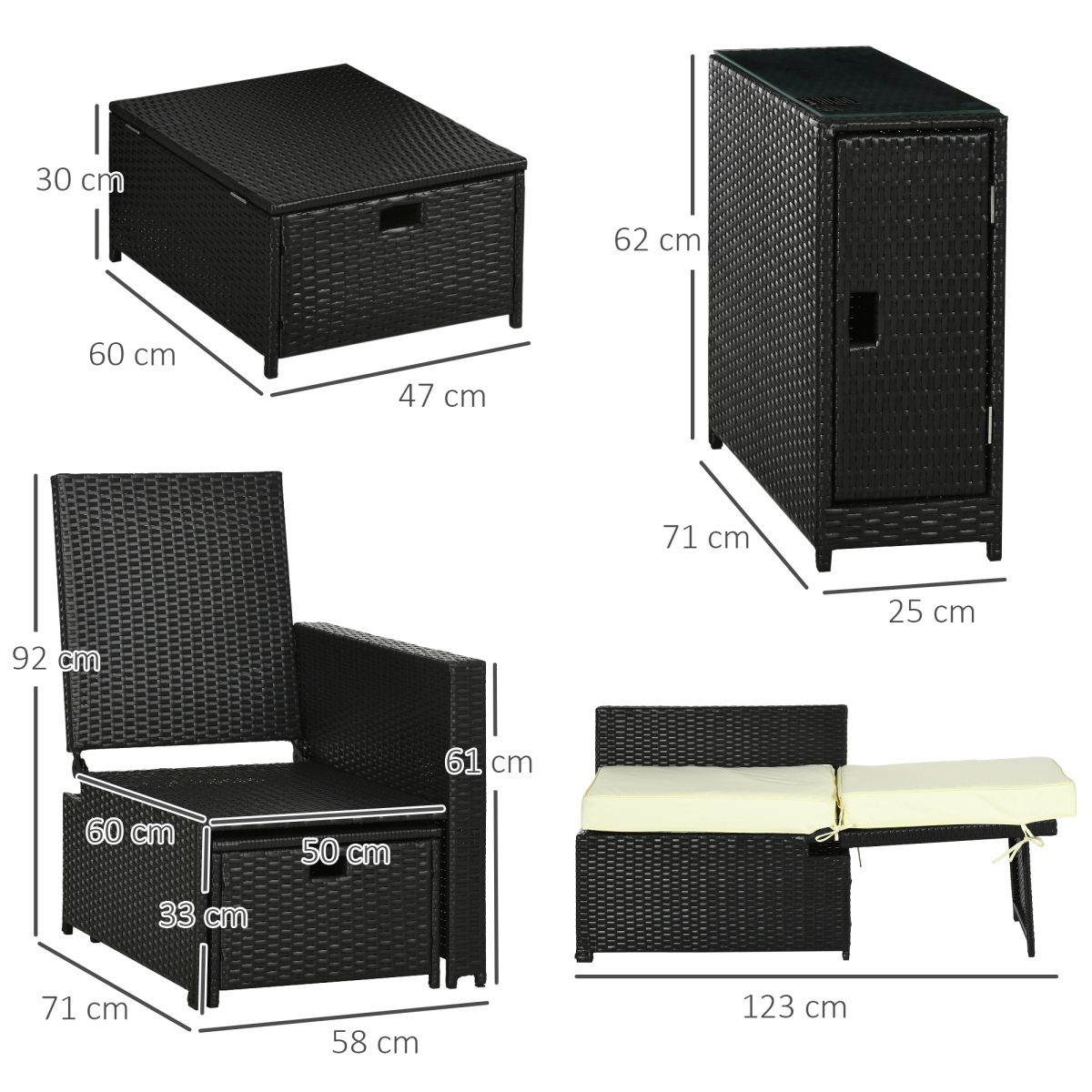 Outsunny 5-Level Adjustable Rattan Sun Lounger Set with Storage Footstools & Glass Side Table – Black