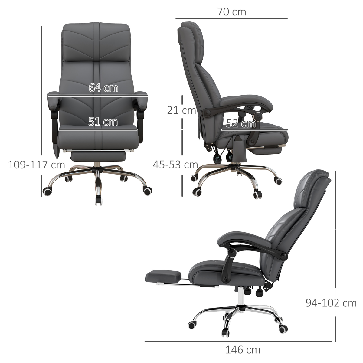 Vinsetto Heated Massage Office Chair with 4-Point Vibration, Footrest & Remote – Grey PU Leather