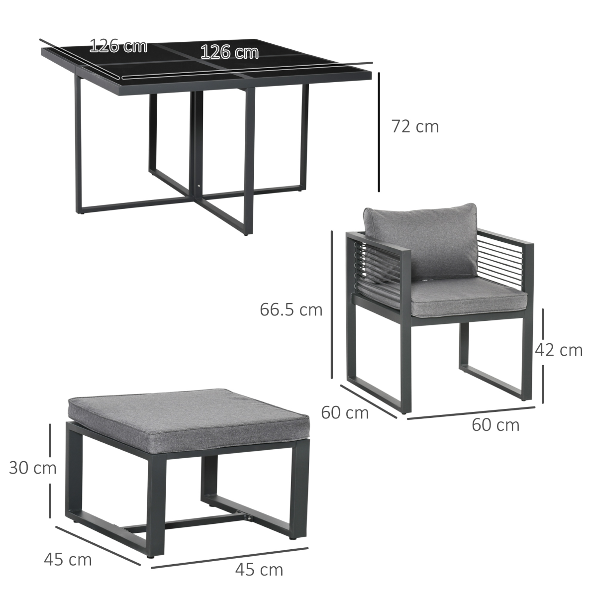 Outsunny 8-Seater Garden Dining Cube Set with Glass Table, 4 Armchairs & 4 Footstools – Cushioned, Grey