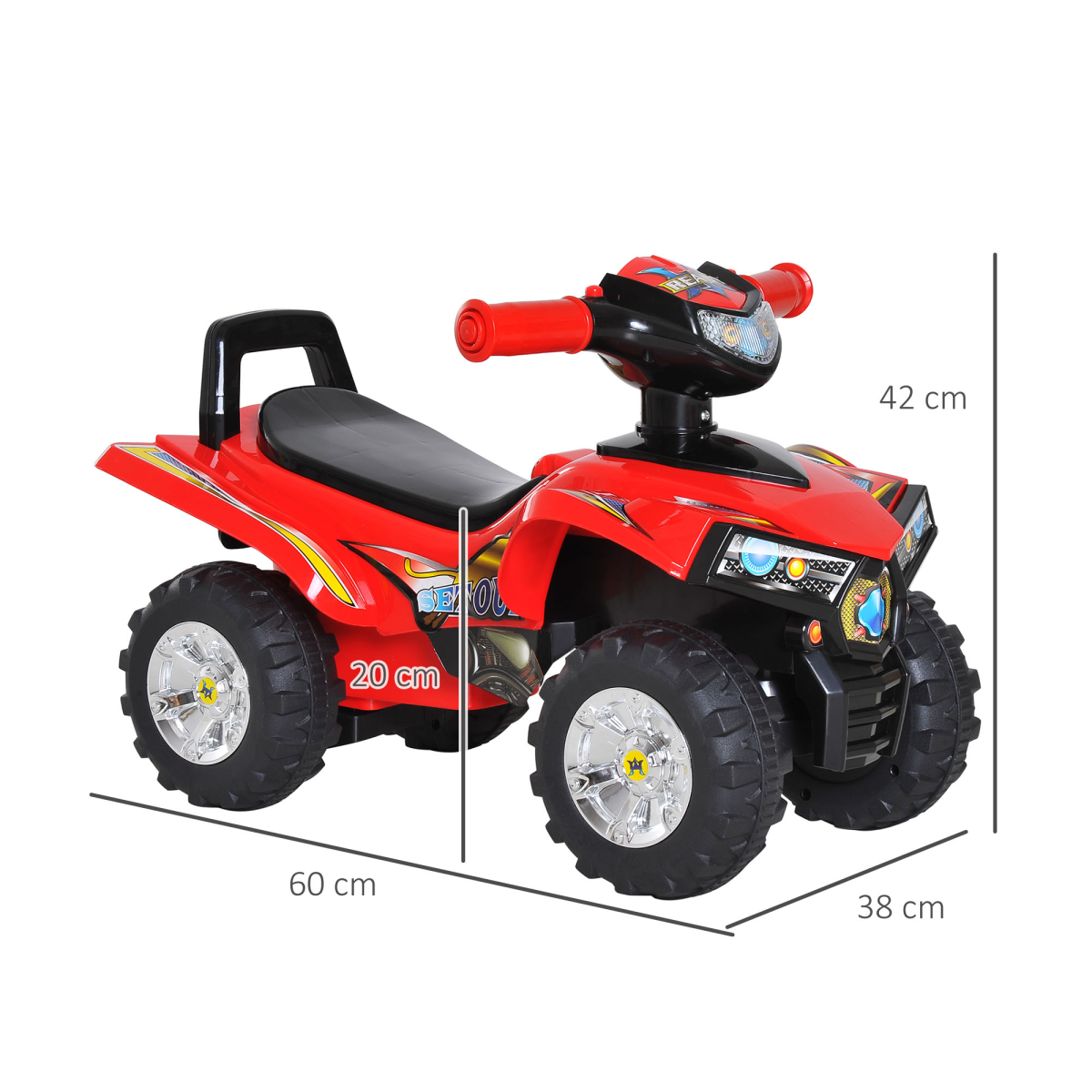 HOMCOM Kids Ride-On Quad Bike with LED Light, Horn and Music – Foot-Powered Toddler Ride-On, Red