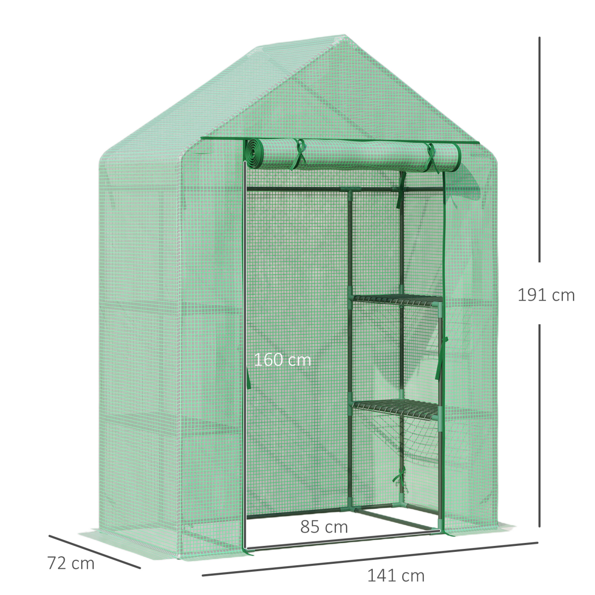 Outsunny Walk-In Greenhouse with 2 Tier Shelves, Roll-Up Zipped Door & PE Cover, 141 x 72 x 191cm – Green