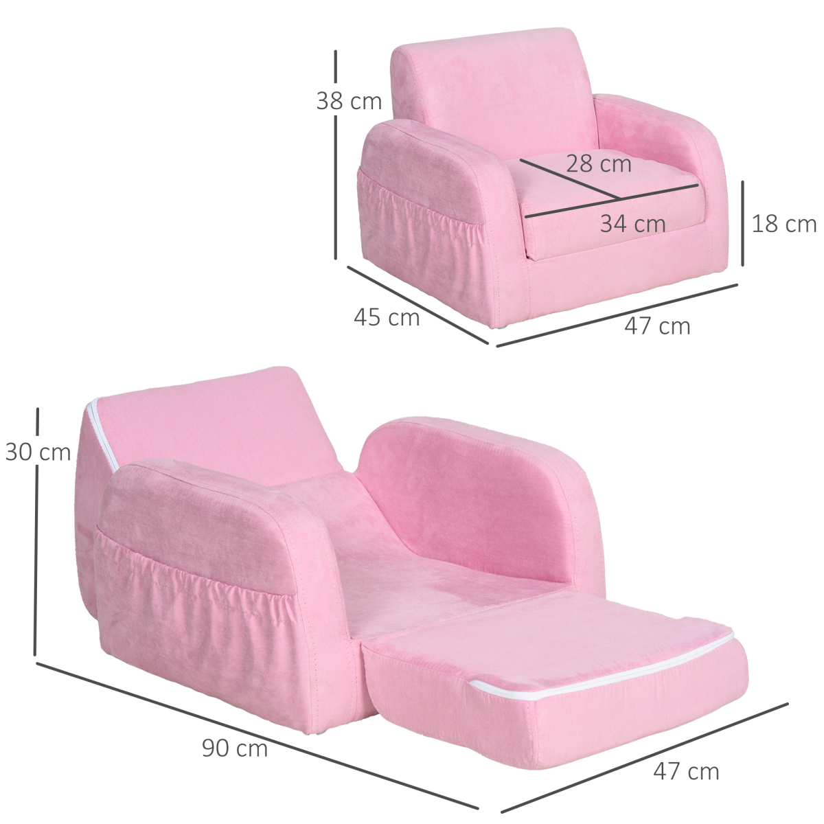 HOMCOM 2-in-1 Kids Armchair Sofa Bed with Fold-Out Padded Seat & Solid Wood Frame – Bedroom Furniture, Pink
