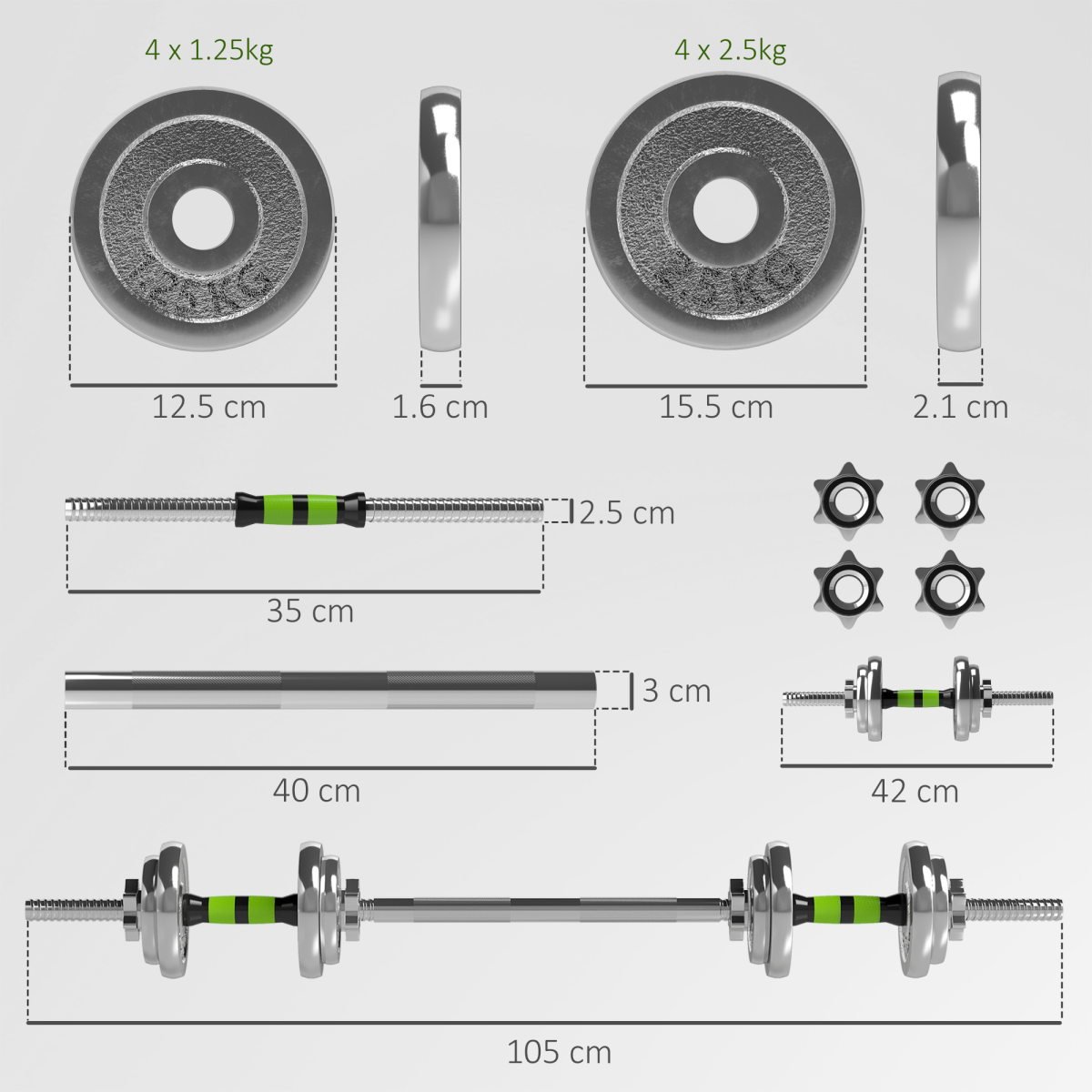 SPORTNOW 20kg 2-in-1 Adjustable Dumbbell Set with Connecting Bar – Converts to Barbell for Home Gym, Green