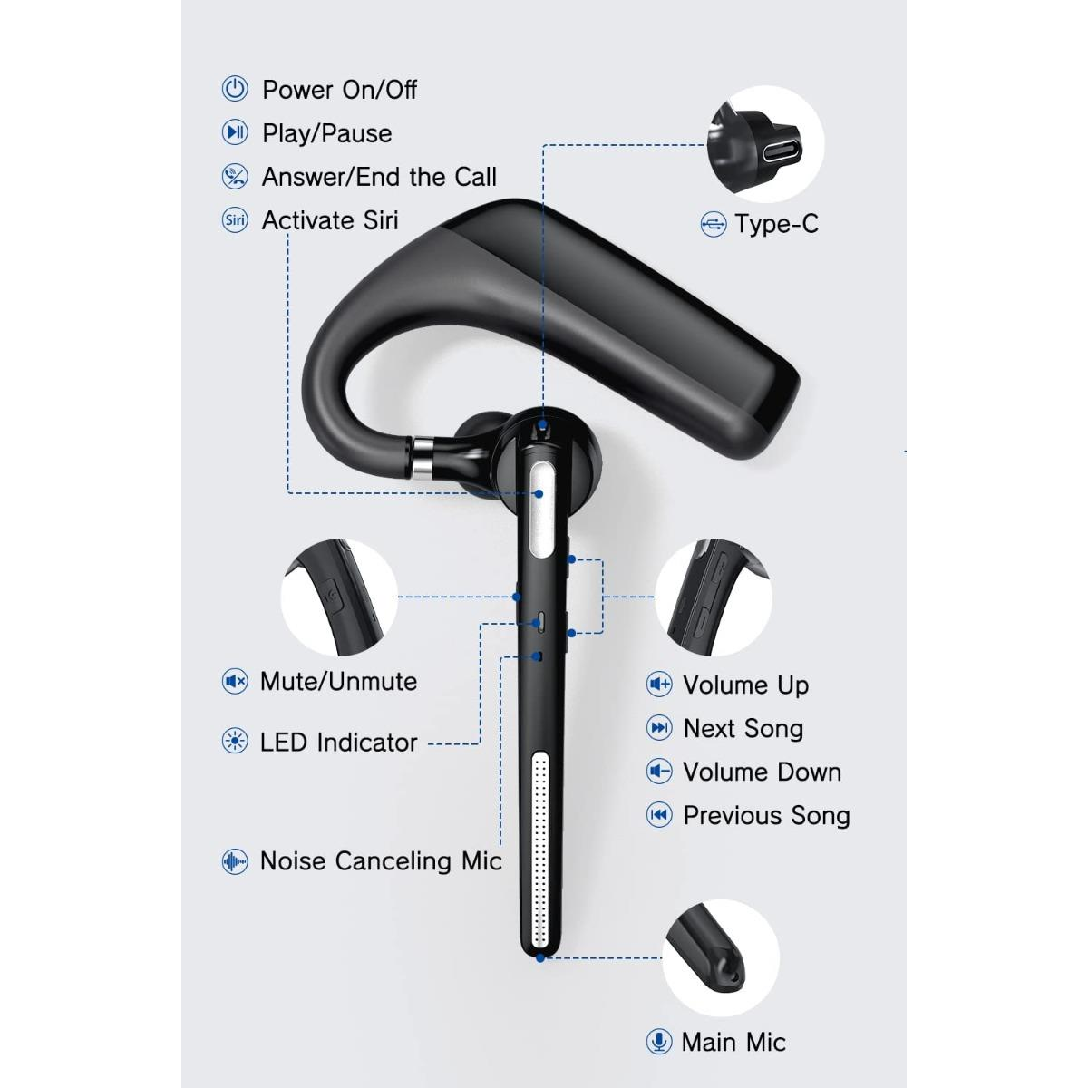 WYE ProVoice One-Ear Bluetooth Business Headset with CVC8.0 Noise Cancellation, 80-Hour Talk Time, Black