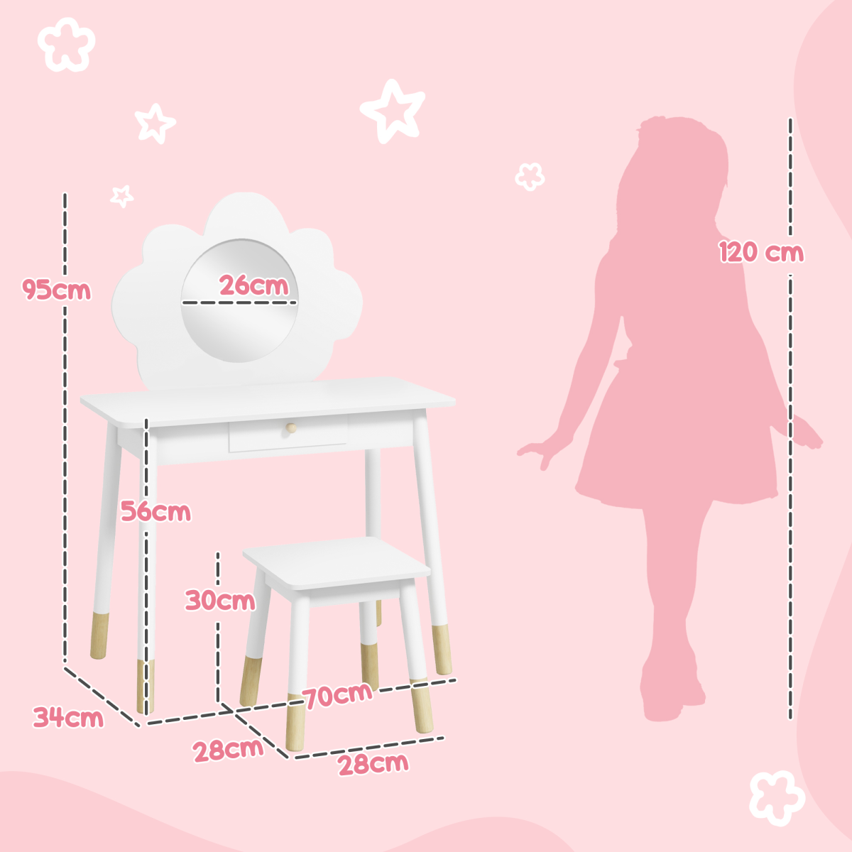 AIYAPLAY Kids Dressing Table with Mirror, Stool and Storage Drawer – Cloud Design Play Vanity Set, White